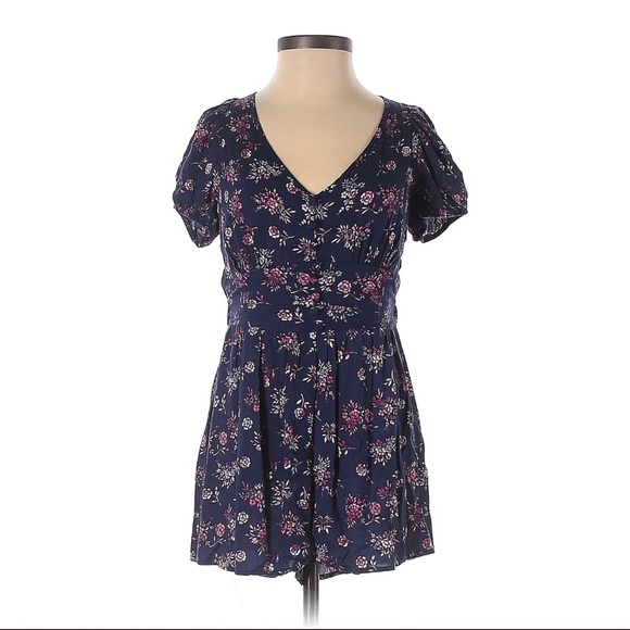 Louna Pants - Louna Navy Boho Romper with Pink Floral Print and Puff Shoulders